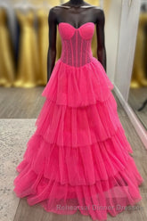 Hot Pink Strapless Layers Tulle A-line Long Semi Formal Prom Dress